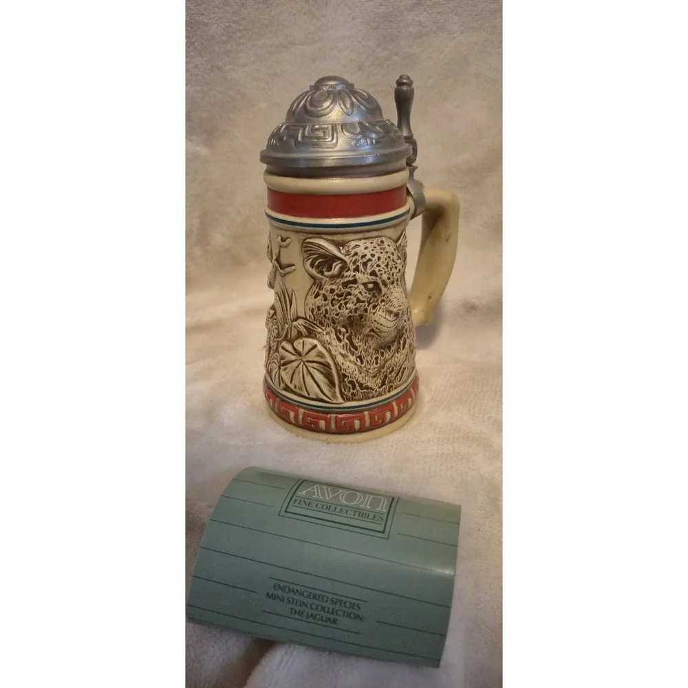 AVON Endangered Species Jaguar Beer Stein 1991 Brazil w/ Lid‎ & Paperwork